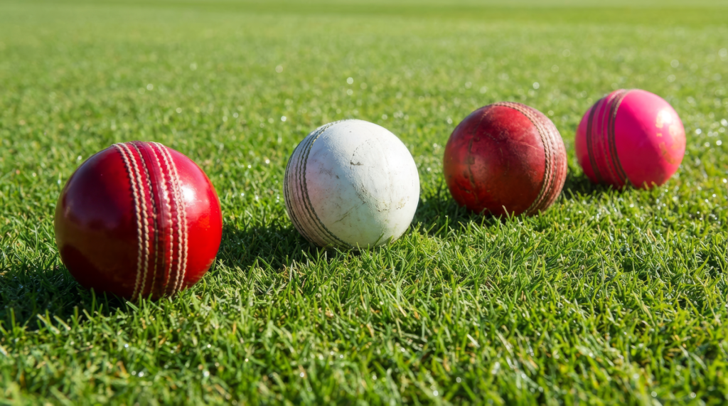 Cricket balls in various colors lying on green grass during a sunny day.