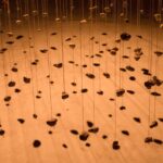 Creative installation of rocks suspended from strings casting striking shadows.