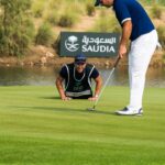 Golfer putting with caddy support at Jeddah, showcasing professional golf equipment and skills.