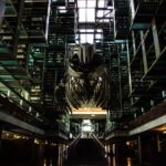 Interior view of Biblioteca Vasconcelos featuring a striking whale skeleton and innovative shelving design.