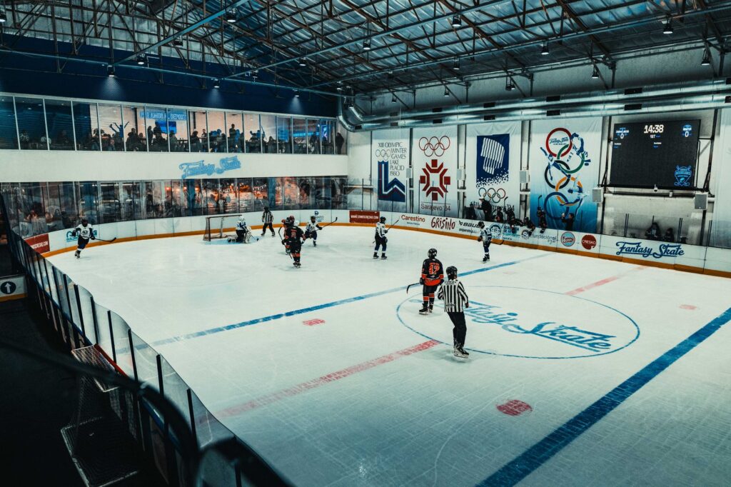 Action-packed shot of an ice hockey game at Fantasy Skate in Buenos Aires, Argentina.