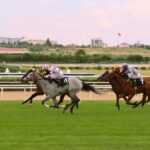 Exciting horse race with jockeys in vibrant apparel competing on a lush green racetrack.