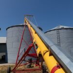 Steel grain silos with a yellow conveyor in a North Carolina farm under a clear blue sky.