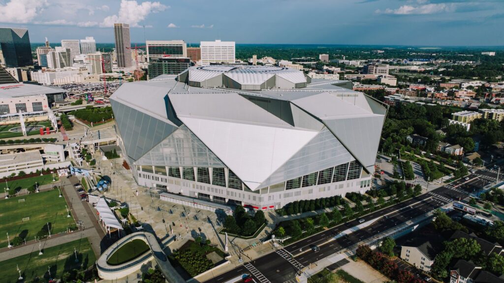 Aerial view of the striking Mercedes-Benz Stadium in Atlanta, Georgia.