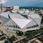 Aerial view of the striking Mercedes-Benz Stadium in Atlanta, Georgia.