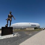 Statue of Franz Beckenbauer with Allianz Arena in Munich, Germany under a clear blue sky.