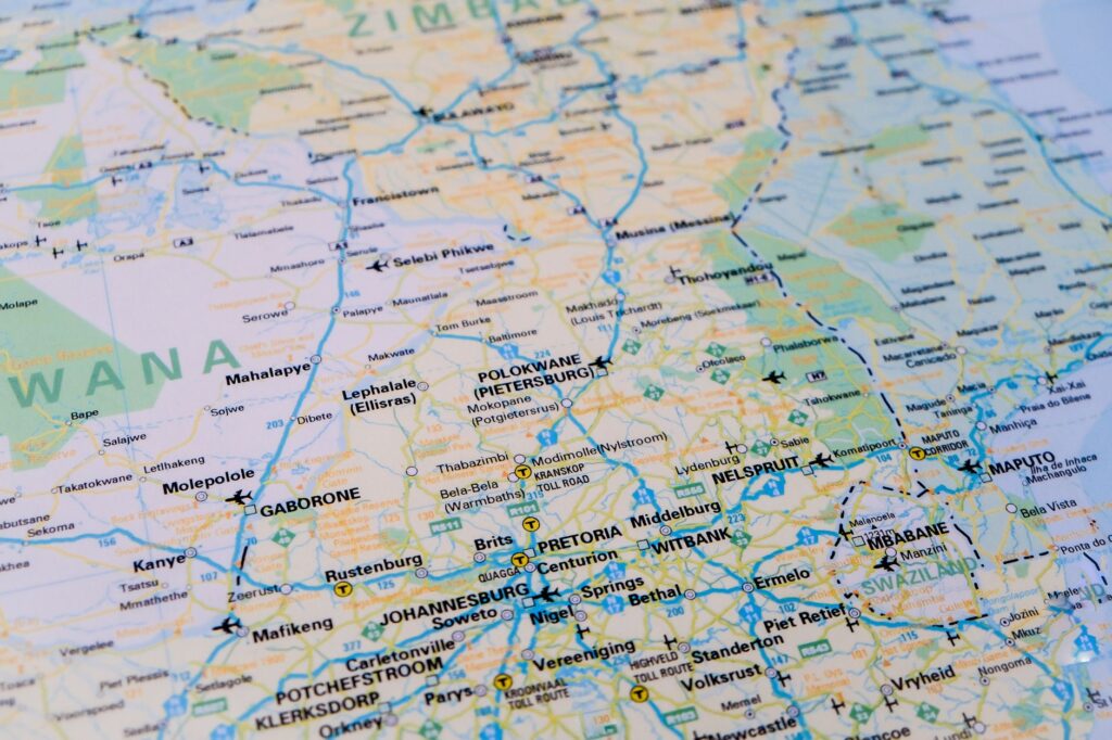 Close-up view of a detailed map highlighting Southern Africa's cities and routes.