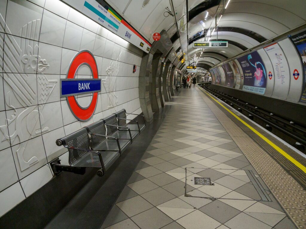 Inside view of London's Bank station platform on the underground subway system.