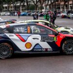 Rally cars lined up in Monaco, showcasing vibrant sponsorship designs.