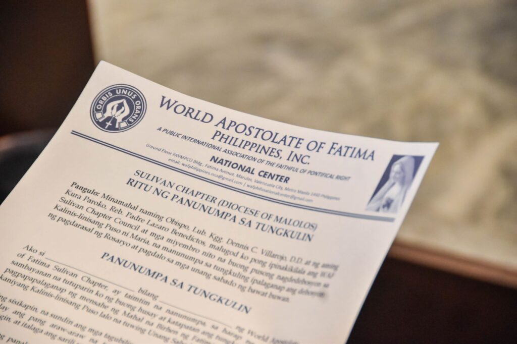 Close-up of a World Apostolate of Fatima document in the Philippines.