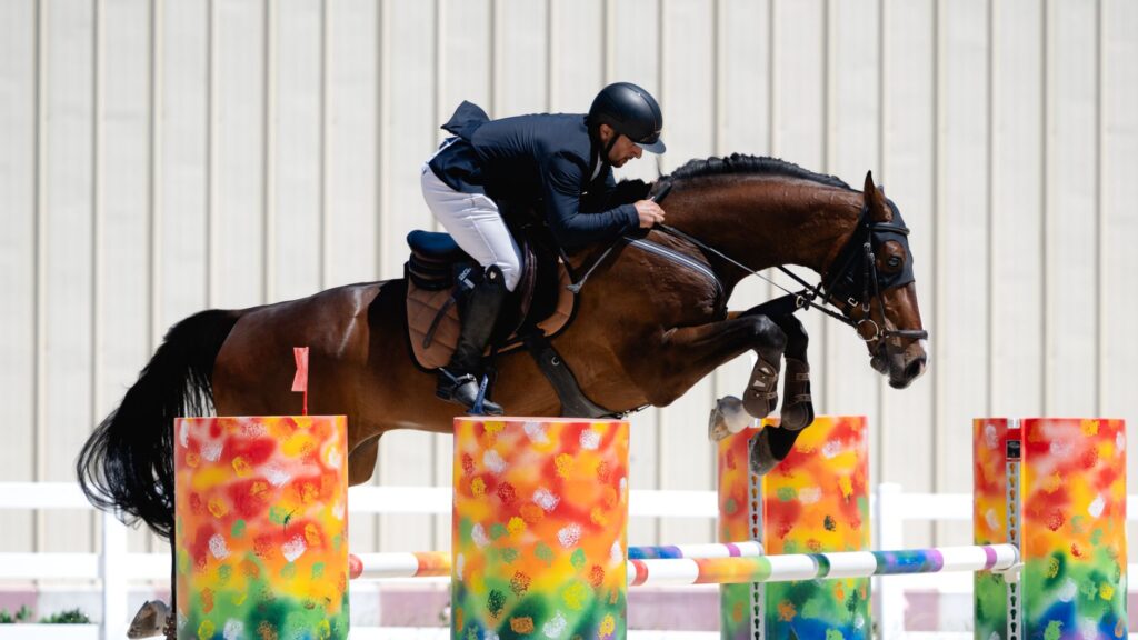 A skilled rider and horse in mid-jump at an outdoor equestrian competition.