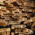 A collection of vintage wooden road signs showing distances to various UK towns and cities.