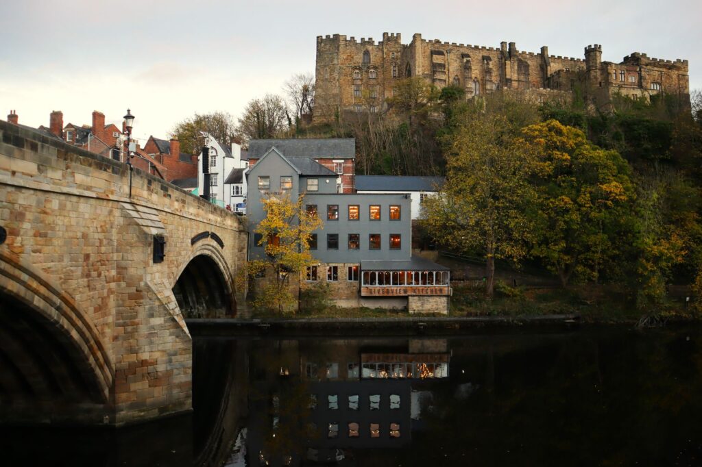 Captivating view of Durham Castle and Framwellgate Bridge over the river.