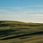 A solitary person walking on rolling green hills under a blue sky.