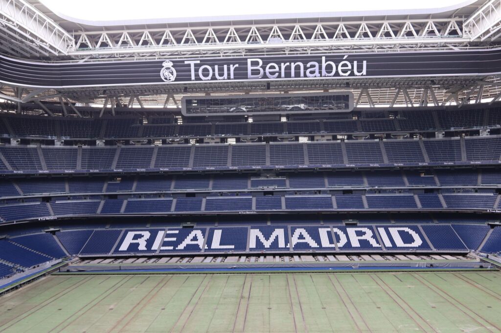 Discover the iconic Santiago Bernabéu Stadium, home of Real Madrid, in this panoramic shot.