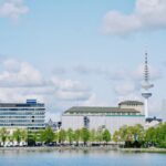A scenic view of Hamburg's skyline featuring the iconic Heinrich-Hertz Tower.