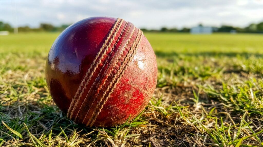 Red cricket ball resting on grass, highlighting texture and seams.