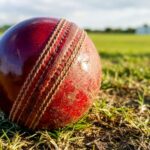 Red cricket ball resting on grass, highlighting texture and seams.