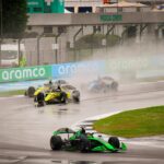 Exciting Formula 1 race on a wet track showcasing high-speed dynamics.
