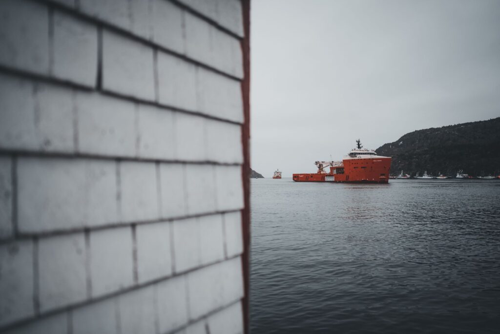 Red ship on Newfoundland bay with rugged coastline and overcast sky.