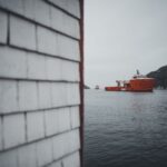 Red ship on Newfoundland bay with rugged coastline and overcast sky.