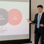 Confident businessman presenting infographics on promotion and growth during a meeting.
