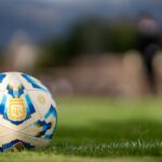 Close-up of an official Argentine soccer ball resting on a green field with a blurred background.