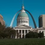 The old courthouse in St. Louis with the iconic Gateway Arch in the backdrop.