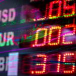 Vibrant stock market display showing exchange rates for USD, EUR, and GBP. Perfect for finance themes.