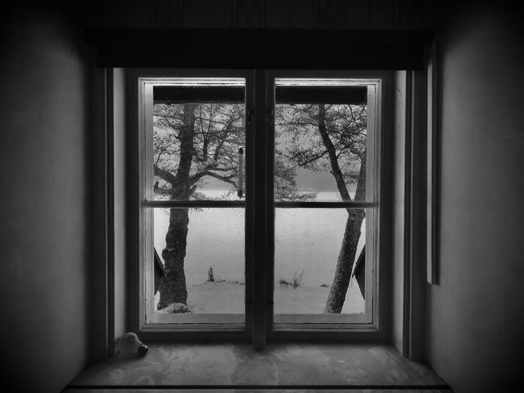 Black and white photo capturing a tranquil snow-covered landscape through a window, invoking a peaceful winter atmosphere.