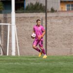Goalkeeper in pink uniform catching a soccer ball during outdoor match.