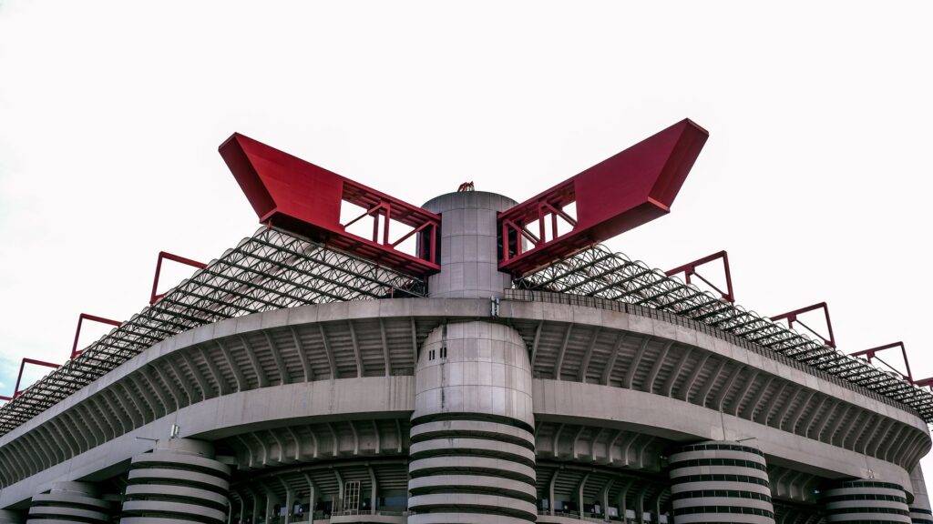 Close-up view of the iconic San Siro Stadium in Milan, showcasing its unique architecture.