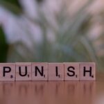 Scrabble tiles spelling 'punish' against a blurred natural background.