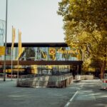 Exterior view of BVB Fanwelt, a local landmark near Dortmund's stadium, Germany.