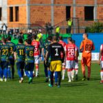 Players from two teams in blue and red uniforms preparing for a football match on a green field.