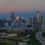 Aerial view of Charlotte skyline and Bank of America Stadium at dusk, North Carolina, USA.