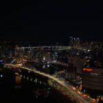 A stunning view of Busan skyline at night with Gwangan Bridge illuminating the cityscape.