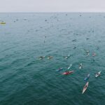 An aerial shot of vibrant kayakers paddling near Newport Beach Pier, California.
