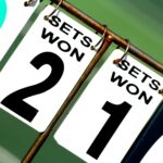 Close-up of a tennis scoreboard showing games won by each player.