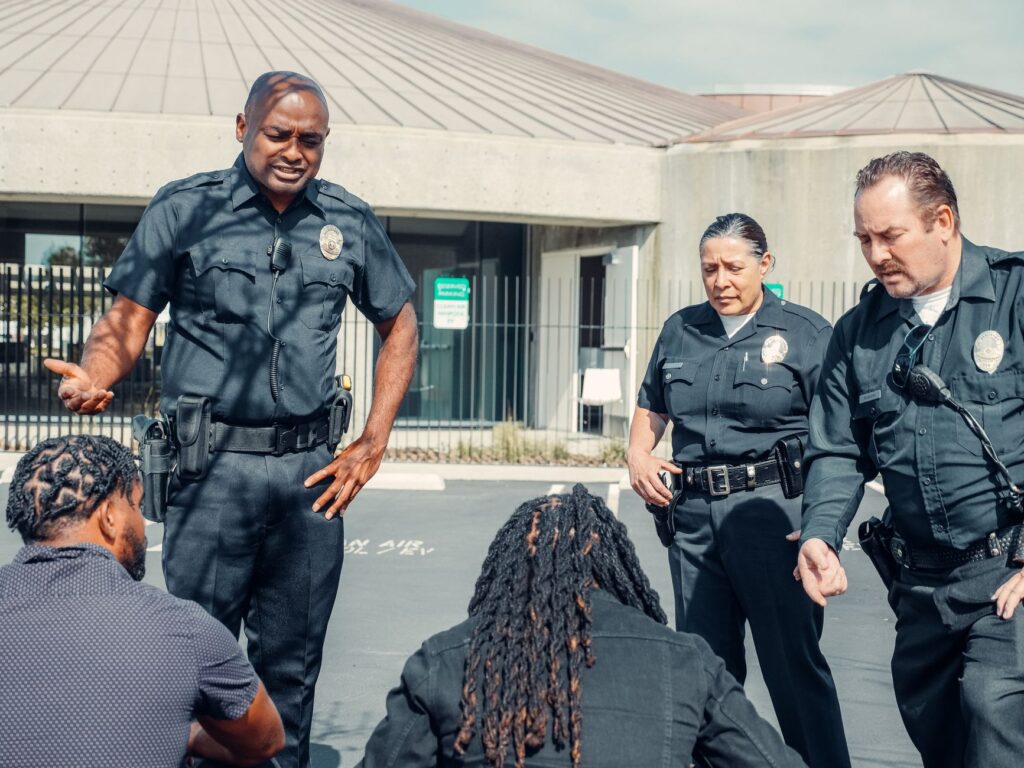 A group of police officers interact with civilians in a public outdoor setting.