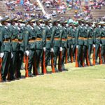 Uniformed soldiers in formation at a military parade in Harare, Zimbabwe.