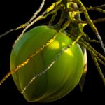 Detailed shot of a green coconut hanging from a palm tree against a black background.