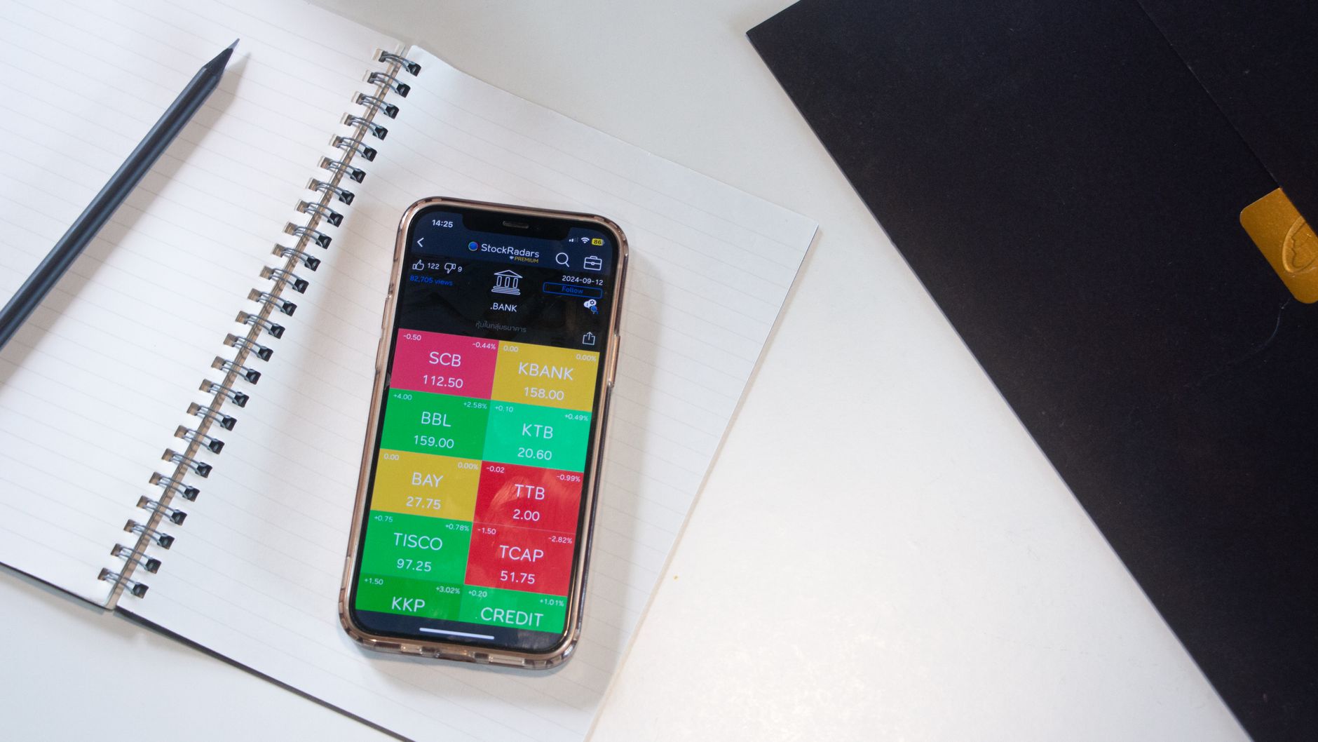 A smartphone displays a financial stock market app on a desk with a notebook and pencil.