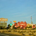 View of the Gold Strike Hotel and Casino in Las Vegas, capturing vibrant architecture against a clear sky.
