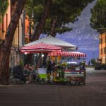 A picturesque street scene featuring colorful outdoor market stalls under pine trees on a quaint cobblestone road.