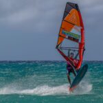 Dynamic shot of windsurfing on a bright summer day in Fuerteventura, Canary Islands.