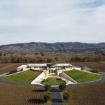 Stunning aerial view of Opus One Winery with vineyard landscape in Oakville, California.