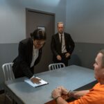 A prisoner in handcuffs is questioned by a detective and lawyer in an interrogation room.