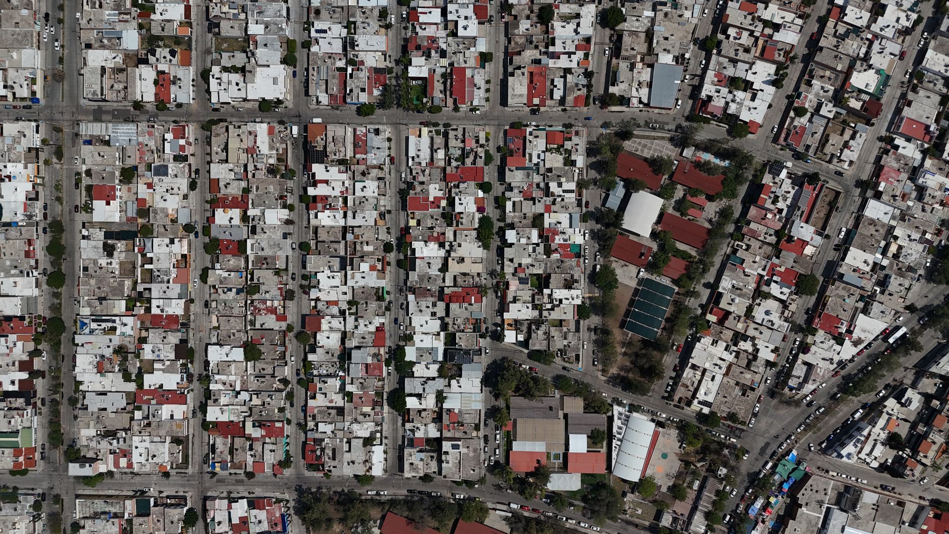 High-resolution aerial view showcasing urban housing blocks in Aguascalientes, Mexico.