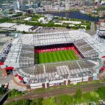Stunning aerial shot of Old Trafford stadium in Manchester, showcasing its iconic architecture.